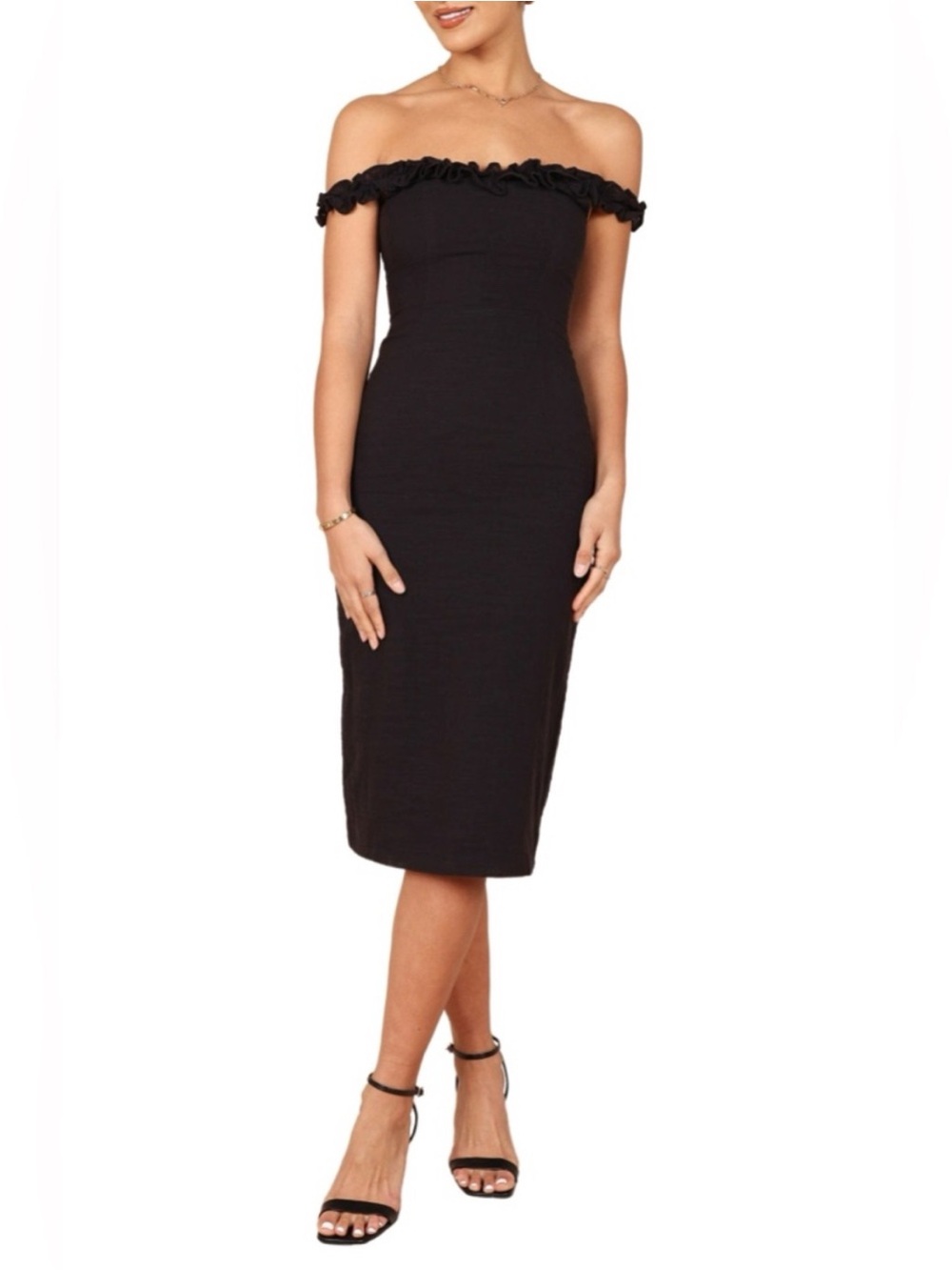 Petal & Pup Off-Shoulder Black Midi Dress - Classic Elegant Style